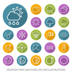 Set of Elegant Universal White Weather Minimalistic Thin Line Icons on Circular Colored Buttons on White Background