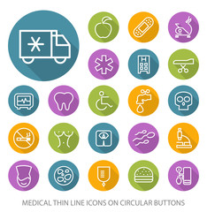 Set of Elegant Universal  White Medical Minimalistic Thin Line Icons on Circular Colored Buttons on White Background