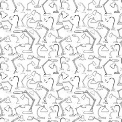 Seamless pattern with different table lamps. Vector illustration in a sketch style.