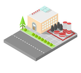 Isometric home. The factory with storage tanks. Road, green bushes in front of house. Vector illustration isometric style.