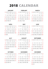 2018 year simple style text calendar. Week starts from sunday