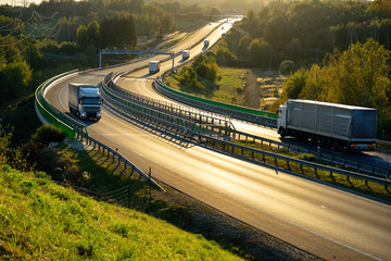 White trucks passing through tollgates on the highway winding through the wooded valley in backlit....