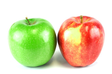 green and red apples on white background