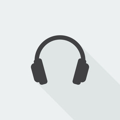 Black flat Headphones icon with long shadow on white background