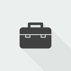 Black flat Briefcase icon with long shadow on white background