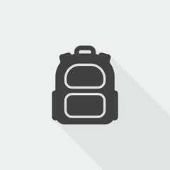 Black flat Backpack icon with long shadow on white background