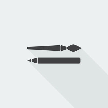 Black flat Paintbrush icon with long shadow on white background