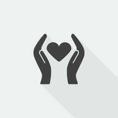Black flat Heart care icon with long shadow on white background