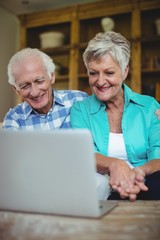 Senior couple using laptop in living room
