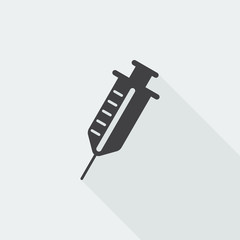 Black flat Syringe icon with long shadow on white background