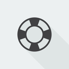 Black flat Life Buoy icon with long shadow on white background