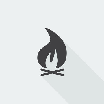Black flat Bonfire icon with long shadow on white background