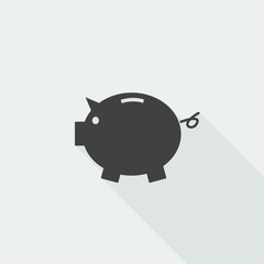Black flat Piggy Bank icon with long shadow on white background