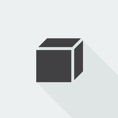 Black flat 3D Box icon with long shadow on white background