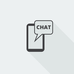 Black flat Chat icon with long shadow on white background