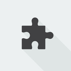 Black flat Puzzle icon with long shadow on white background