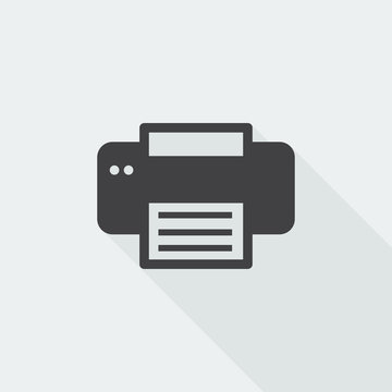 Black flat Printer icon with long shadow on white background