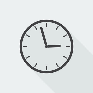 Black flat Clock icon with long shadow on white background
