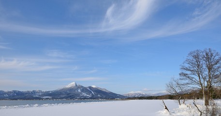 青空と山と湖畔の風景

