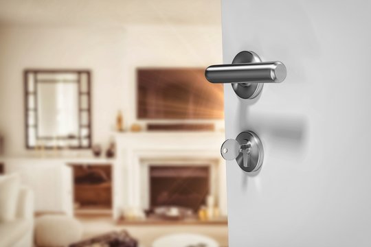 Composite image of closeup of doorknob and lock with key
