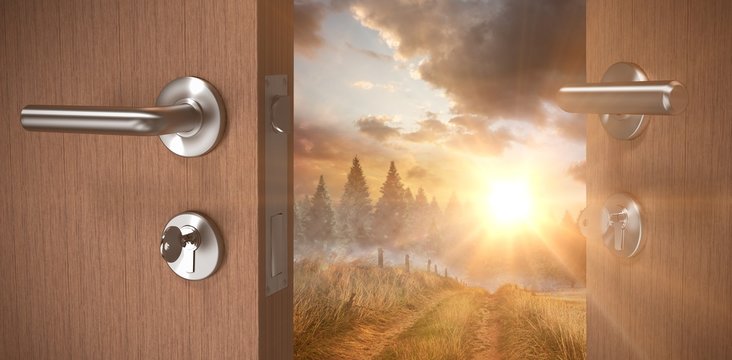 Composite Image Of Brown Door With Doorknob And Key