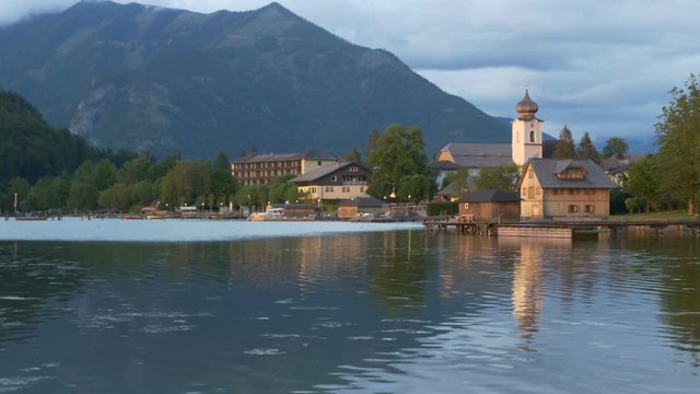 Locked down view of the small town of Strobl on Lake Wolfgang (Wolfgangsee), in the state of Salzburg, Austria.