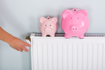 Person Adjusting Thermostat With Two Piggy Banks