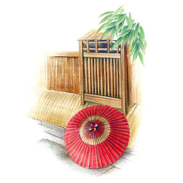 和傘と路地の風景