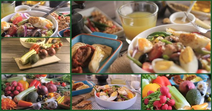 Collage of footage regarding preparation of salad