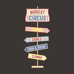 Circus vintage this way arrow label banner vector illustration.