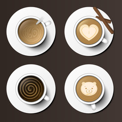 Coffee cups assortment top view collection vector illustration.