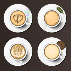 Coffee cups assortment top view collection vector illustration.