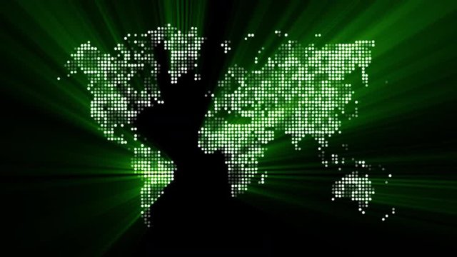 Loopable: Digital World Map / Technology Abstract. Futuristic green world map made of shiny dots with moving light rays.