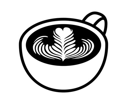 Cup of latte / espresso art with rosette leaf line art vector icon for coffee apps and websites