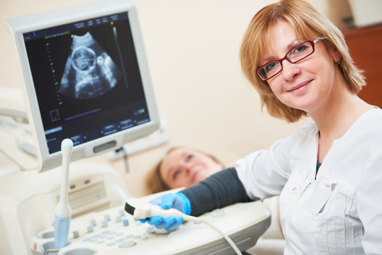 Ultrasound scan. Pregnancy. Gynecologist checking fetal life with scanner.