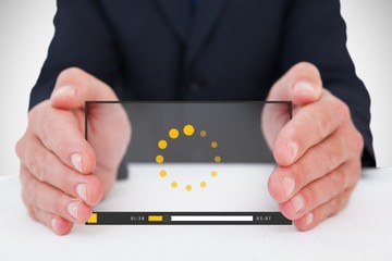 Composite image of businessman with hand out 3d