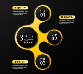  3 options, steps or processes 3D digital illustration Infographic and marketing icons vector can be used for workflow layout, diagram, annual report, web design in black and yellow color - 134804742