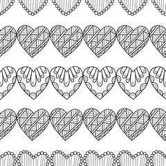 Black and white seamless pattern with decorative hearts for coloring.