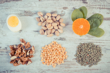 Vintage photo, Products and ingredients containing vitamin B1 and dietary fiber, healthy nutrition