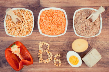 Vintage photo, Products and ingredients containing vitamin B6 and dietary fiber, healthy nutrition