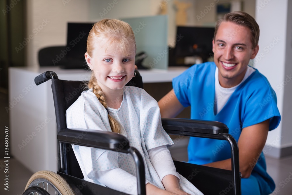 Sticker Portrait of smiling doctor and disable girl