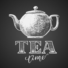 Teapot drawn on chalkboard with Tea Time lettering