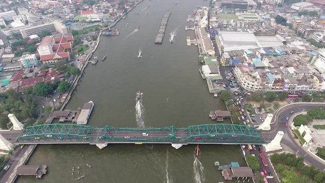 Phra Phuttha Yodfa Bridge, Memorial Bridge Bangkok Thailand  November 2016 ; Aerial view on the Chao Phraya River 