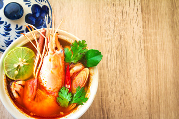 Close up Asian Spicy soup with shrimp in  bowl , famous 