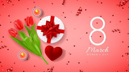 Pink greeting banner for Women's Day. Top view on composition with red tulips, gift box, case for ring, candles and confetti. Vector illustration with serpentine.