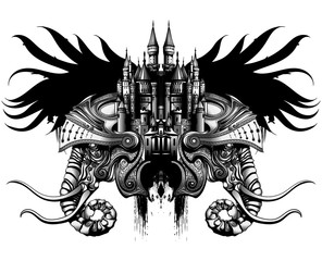 Obraz premium the elephant in the helmet fused with medieval castle