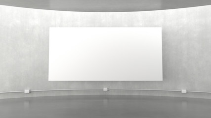Empty modern exhibition gallery interior and hanging white canvas with light from ceiling. 3D rendering.
