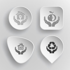 4 images: economy in hands, apple in hands, home in hands, prote