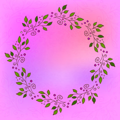 vector round hand drawing frame color leaves green on pink background