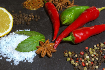 Exposition close up of fresh organic peppers, half of lemon, mont leave, salt and anis on dark background. Healthy cocking, stone cutting board, chili pepper, red and green pepper.